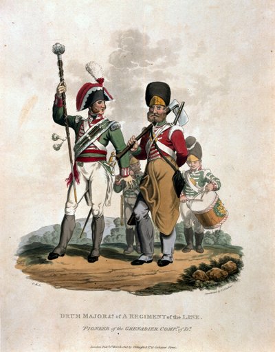 Drum Major and Co of a Regiment, of the Line with Pioneer of the Grenadier Company of D, from Costumes of the Army of the British Empire, according to the last regulations 1812, engraved by J.C. Sta by Charles Hamilton Smith